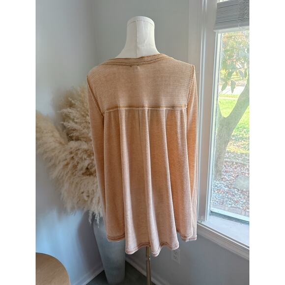 Free People Kai Thermal Waffle Knit Henley Top Womens Small Tan Relaxed Fit - Picture 6 of 11